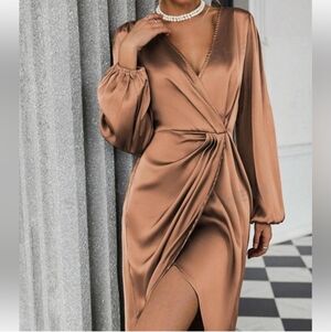 SHEIN Satin Wrap Dress in Bronze Size L (8/10)